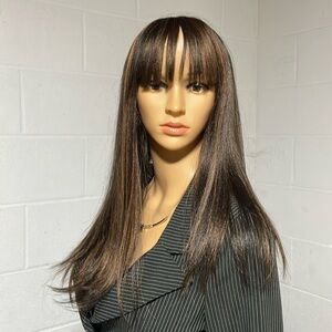 NWT dark brown copper baby lights straight bangs midpart long party wig
